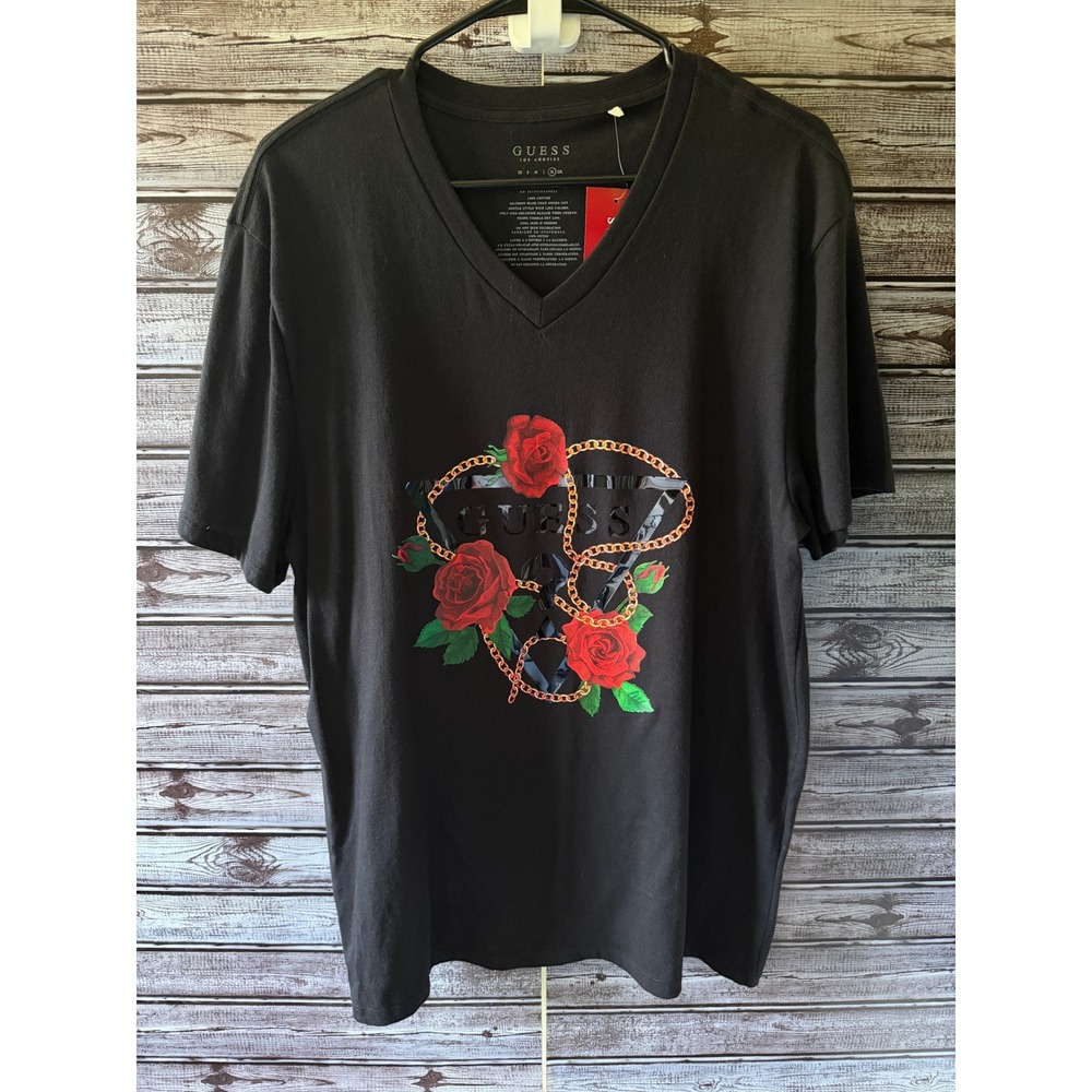 Guess Women's Short-Sleeved Graphic V-Neck Tee XL Black Rose Chain NWT
